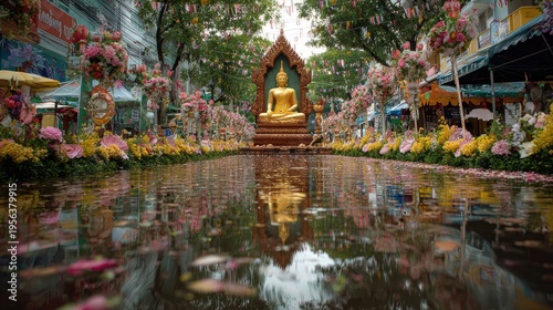 Songkran Water Festival at bangkok street festival decorations buddha altar flower offerings water splashes across decorated street