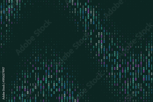 Abstract quantum computing data stream with colorful binary code on dark background