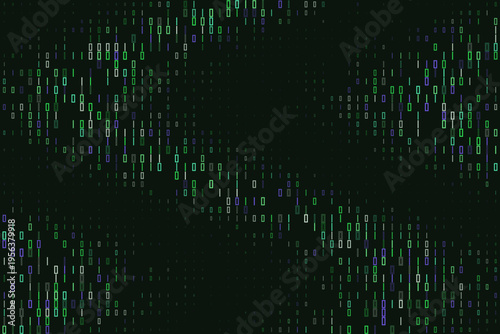 Abstract quantum computing data stream with green and purple binary code on black background