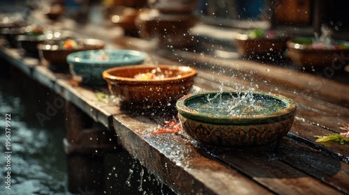 Songkran Water Festival at chiang mai old city moat festival area mass decorated water bowls water drops splashing onto wooden bridge