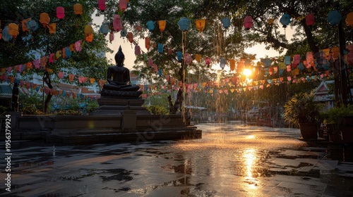 Songkran Water Festival at bangkok temple entrance songkran decorations songkran themed lanterns water flowing gently over buddha statue