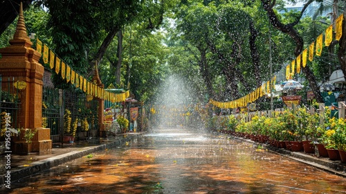 Songkran Water Festival at chiang mai old temple gate festival songkran decorative banners water splashes across decorated street