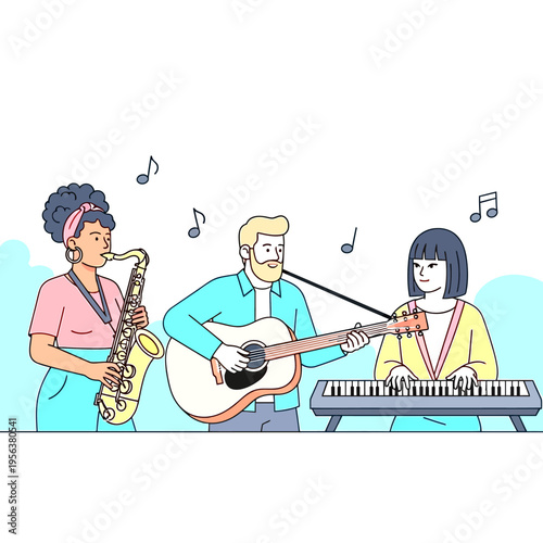 Diverse Group of Musicians Playing Musical Instruments Together: Saxophone, Acoustic Guitar, and Keyboard. Music Performance Illustration.