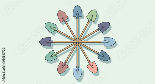 Artistic pastel shovel arrangement forming a symmetrical floral pattern with soft shadows