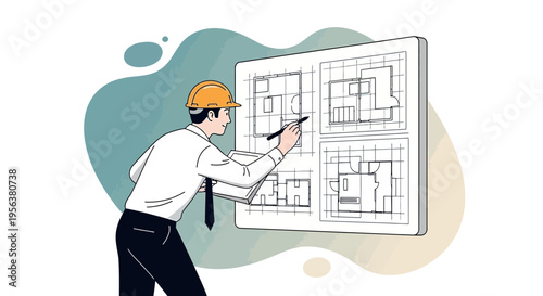 Architect reviewing blueprints with precision and wearing his safety helmet illustration