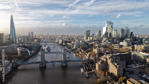 London Aerial View Featuring Historic Tower Bridge and Modern Skyscrapers