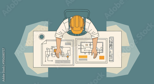 Architectural blueprint design process: Engineer analyzing technical drawings with helmet