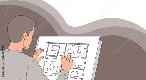 Architectural blueprint design revision by a male designer with creative wavy elements