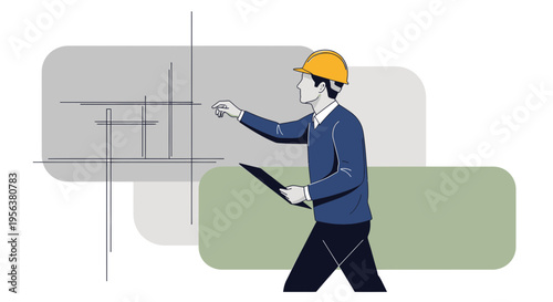 Architectural blueprint review by construction engineer with modern lines background design for