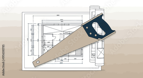 Architectural blueprints with hand saw on a neutral surface showcasing planning and precision for