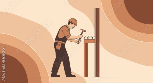 Artistic carpentry illustration of a construction worker hammering nails in wood for furniture