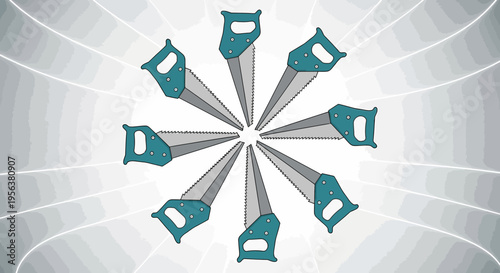 Artistic arrangement of hand saws with stylized backdrop creating a visually intriguing composition