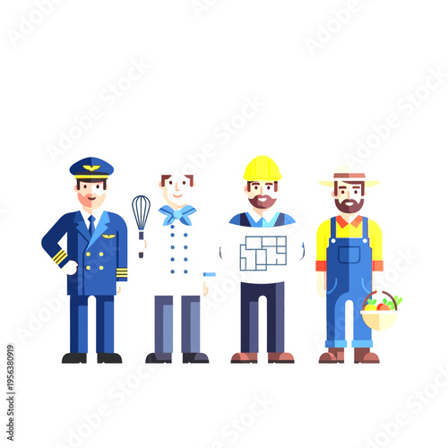 Diverse male professionals vector illustration, featuring pilot, chef, engineer, and farmer, representing various careers, jobs, and occupations.