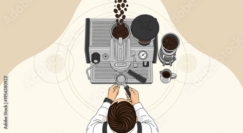 Artistic coffee preparation illustration with espresso machine and barista view  from above