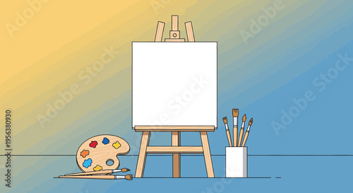 Artistic creation canvas awaiting masterpiece with paint palette and brushes ready to inspire