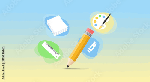 Artistic Creativity Illustration with Drawing Supplies and a Gradient Background Design