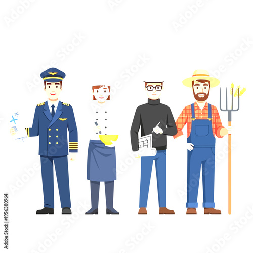 Diverse Professional Occupations Characters: Pilot, Chef, Creative, and Farmer Vector Illustration Set
