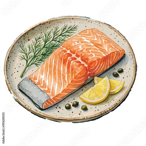 Fresh Raw Salmon Steak with Herbs on Plate