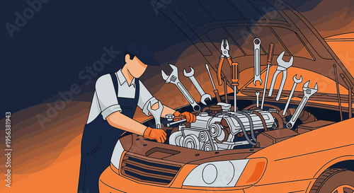 Automotive technician performing vehicle maintenance with various mechanic tools repair