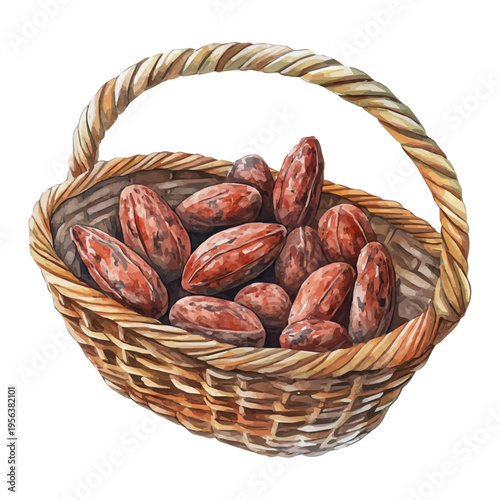 Cocoa Bean Basket, beautiful watercolor illustration with vivid colors and detailed vector style, isolated on a white background.