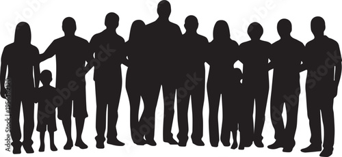 A vector silhouette illustration line art of diverse people standing together as a group