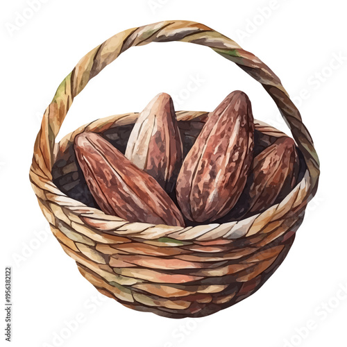 watercolor graphic of Cocoa Bean Basket, isolated on a white background.