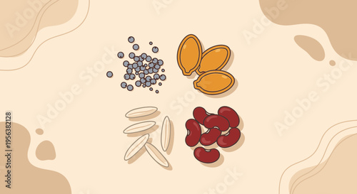 Assortment of wholesome seeds and legumes in balanced composition with fluid shapes background