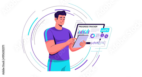 Athletic man using digital tablet for personal progress tracking with data graphs