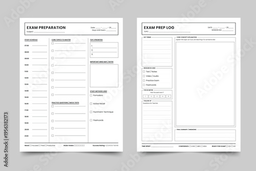 Exam Preparation Log and Study Planner Set, Minimalist Student Revision Tracker, Academic Schedule and Core Concept Mastery Worksheets, US Letter