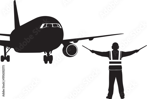 Airplane and ground crew silhouette illustration vector airport worker signaling aircraft