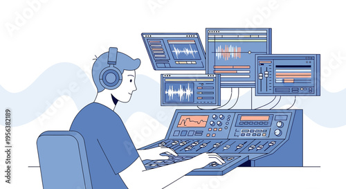 Audio engineer creating soundscapes in studio with digital console and waveform display