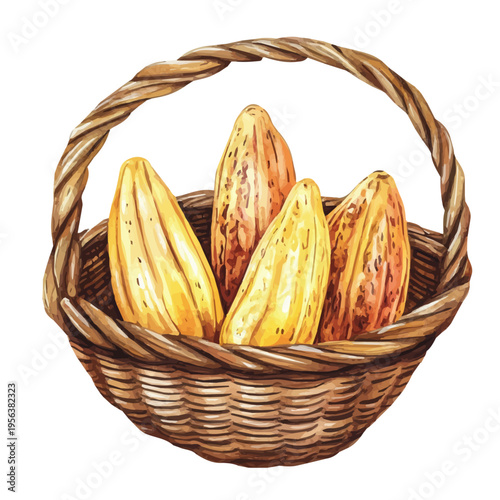 Cocoa Bean Basket, beautiful watercolor illustration with vivid colors and detailed vector style, isolated on a white background.