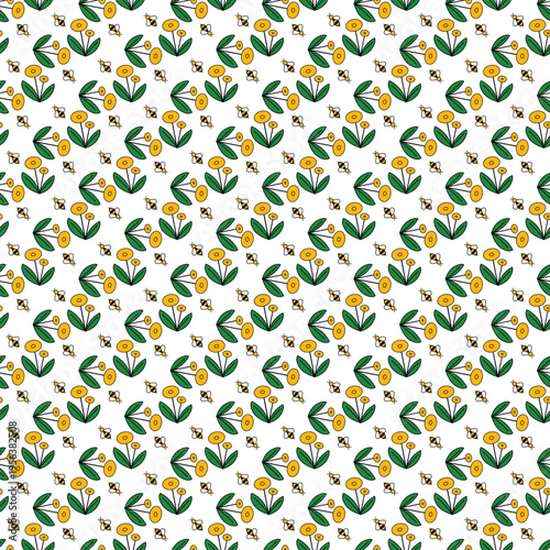 Seamless Yellow Floral Pattern With Bees — Cute Spring Vector Background For Wallpaper And Fabric