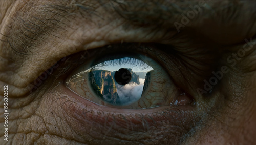 Extreme close-up of a human eye showing detailed skin texture and a reflection of a mountainous landscape with cliffs and clouds in the iris.