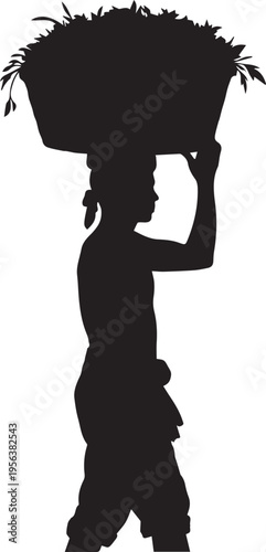 Silhouette of woman carrying basket of leaves on head vector illustration