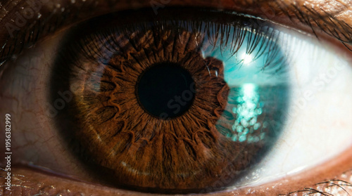 Extreme close-up of a brown human eye showing detailed iris texture and a bright reflection on the cornea.