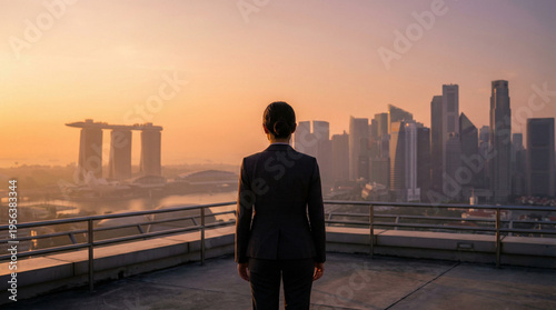 A businesswoman in a suit stands on a rooftop terrace overlooking a modern city skyline during sunrise with warm orange light.