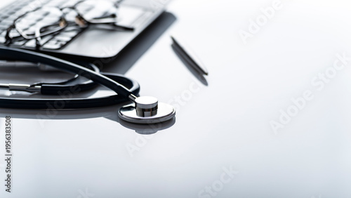 Εκτύπωση καμβά Healthcare background of stethoscope laptop glasses and pen on table with copy-s