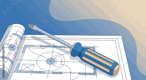 Blueprint with screwdriver illustrates technical planning and innovative architectural engineering