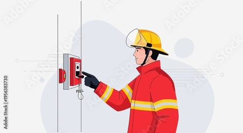 Brave firefighter activating emergency alarm during situation in a building scene