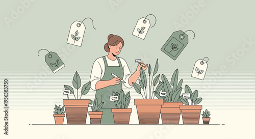 Botanical business: Woman labeling potted plants in a modern, minimalist greenhouse setting