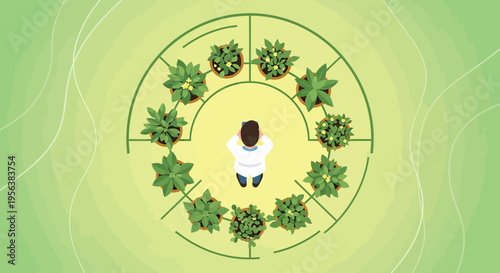 Botanical scientist observing experimental plants under controlled growth environment from above