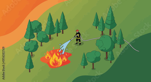 Brave firefighter combating wildfire in lush forest illustration with vibrant colors