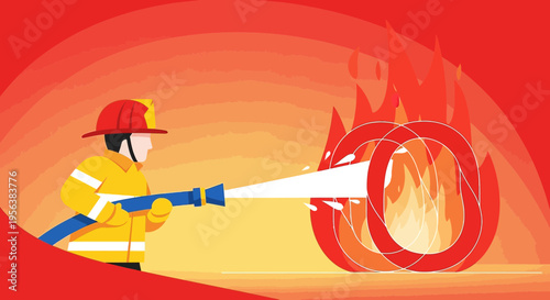 Brave firefighter extinguishing raging flames, vector illustration for safety awareness