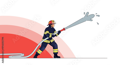 Brave firefighter in action spraying water with red circle background illustration