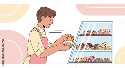 Baker displaying fresh pastries in showcase at bright bakery for customers delight