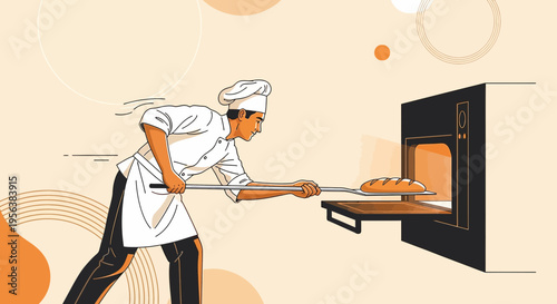 Baker in action: A stylized illustration of bread being baked in a commercial oven
