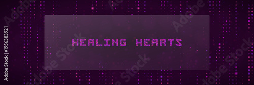Healing Hearts Pixelated Text on Purple Digital Grid for Mental Health Tech Platform