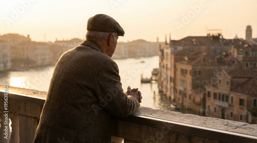 An elderly man wearing a flat cap and coat leans on a stone railing overlooking a canal with historic buildings during sunset.
