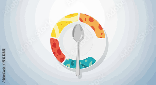Balanced diet concept illustration featuring colorful food portions on plate and spoon